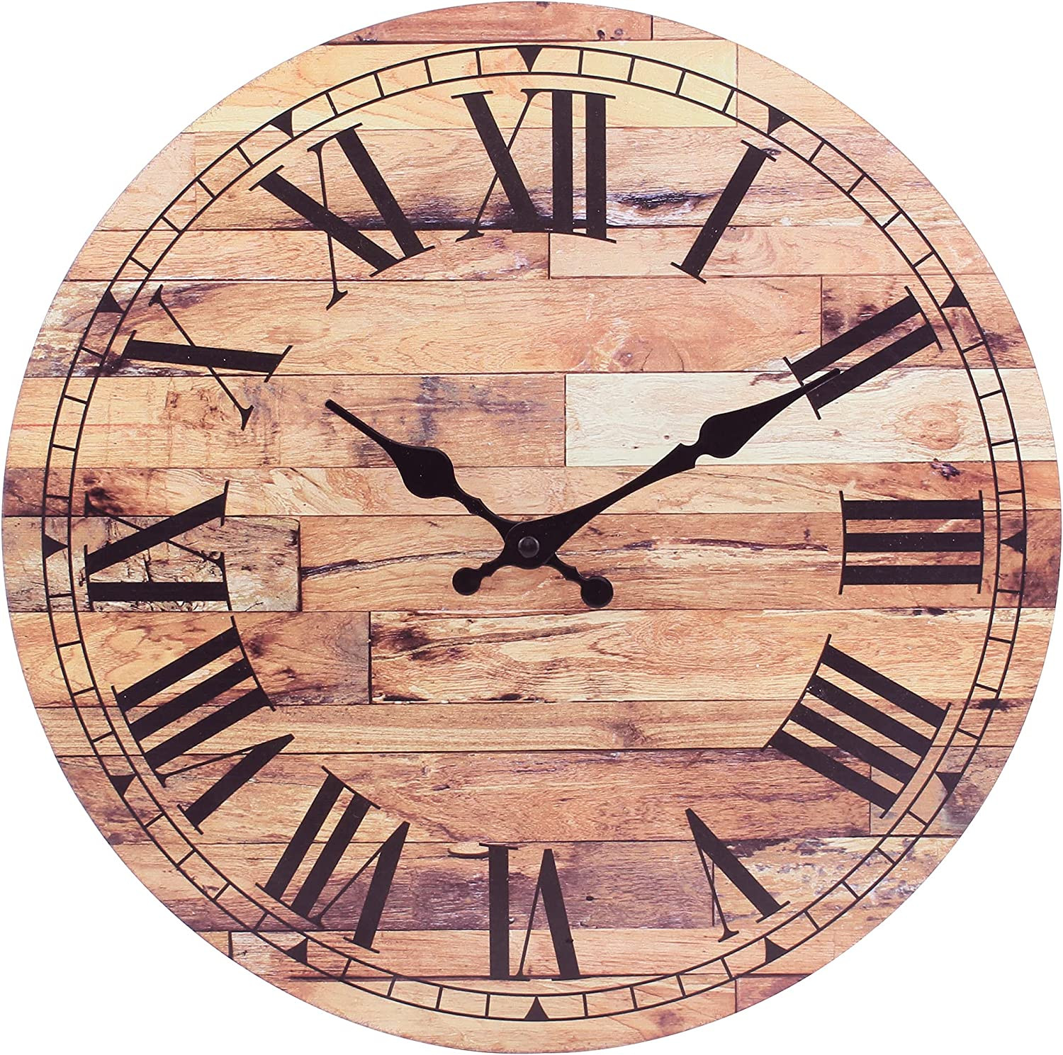 Old Fashioned 14 Inch round Wood Hanging Wall Clock, Battery Operated, Rustic Wa