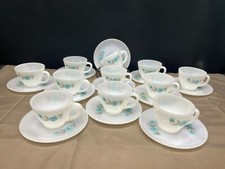Set of 11  Vintage Fire King "BONNIE BLUE" Milk Glass  Cups  Saucers  2 3/4"