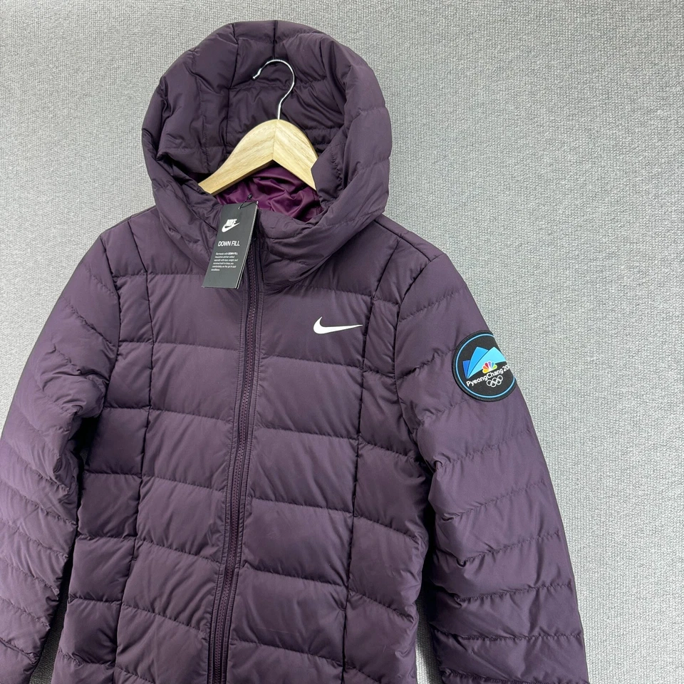 Chaqueta Nike para mujer pequeña rellena de plumón larga acolchada con capucha púrpura 2018 Juegos Olímpicos Nueva con etiquetas Foto 2 de 4
