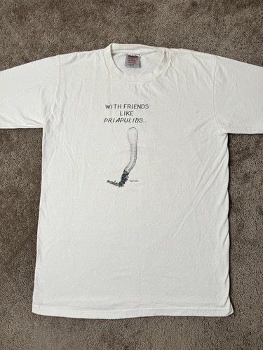 Vintage Mens Tshirt Oneita WITH FRIENDS LIKE PRIAPULIDS Size L - Picture 3 of 11
