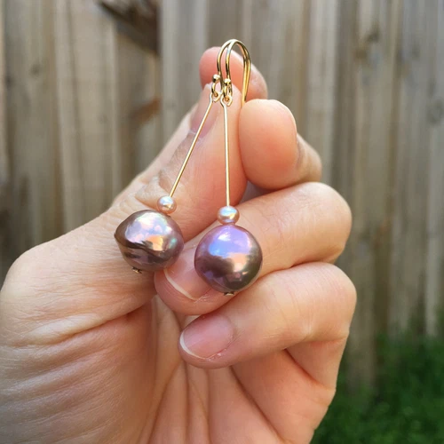 E210 Baroque 11-12mm pearl Natural amazing Gold-Purple 14KGF earring AAAALUSTER  - Picture 10 of 12