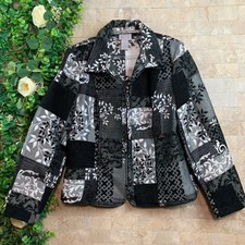 Renaissance Patchwork Tapestry Floral Leaf Zip Jacket Black Gray White Size M