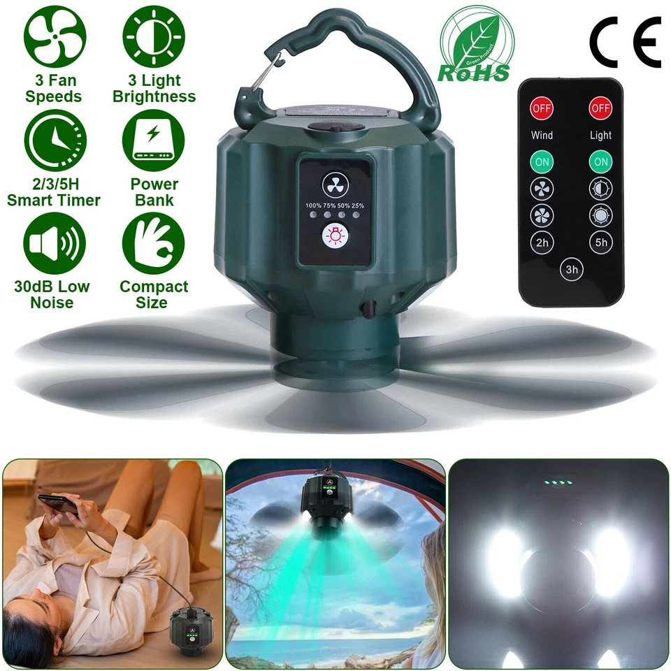 Потолочные вентиляторы для палатки 10400 мАч для кемпинга с подсветкой и пультом дистанционного управления аккумулятор USB - Изображение 3 из 4