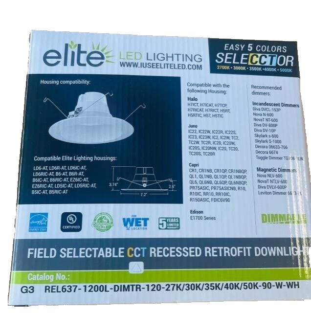 Elite REL637-1200L-DIMTR-120-5CCT-90-W-WH 5/6" LED Retrofit Baffle Trim