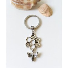 New honey bee bumble bee comb silver tone keychain keyring key chain ring