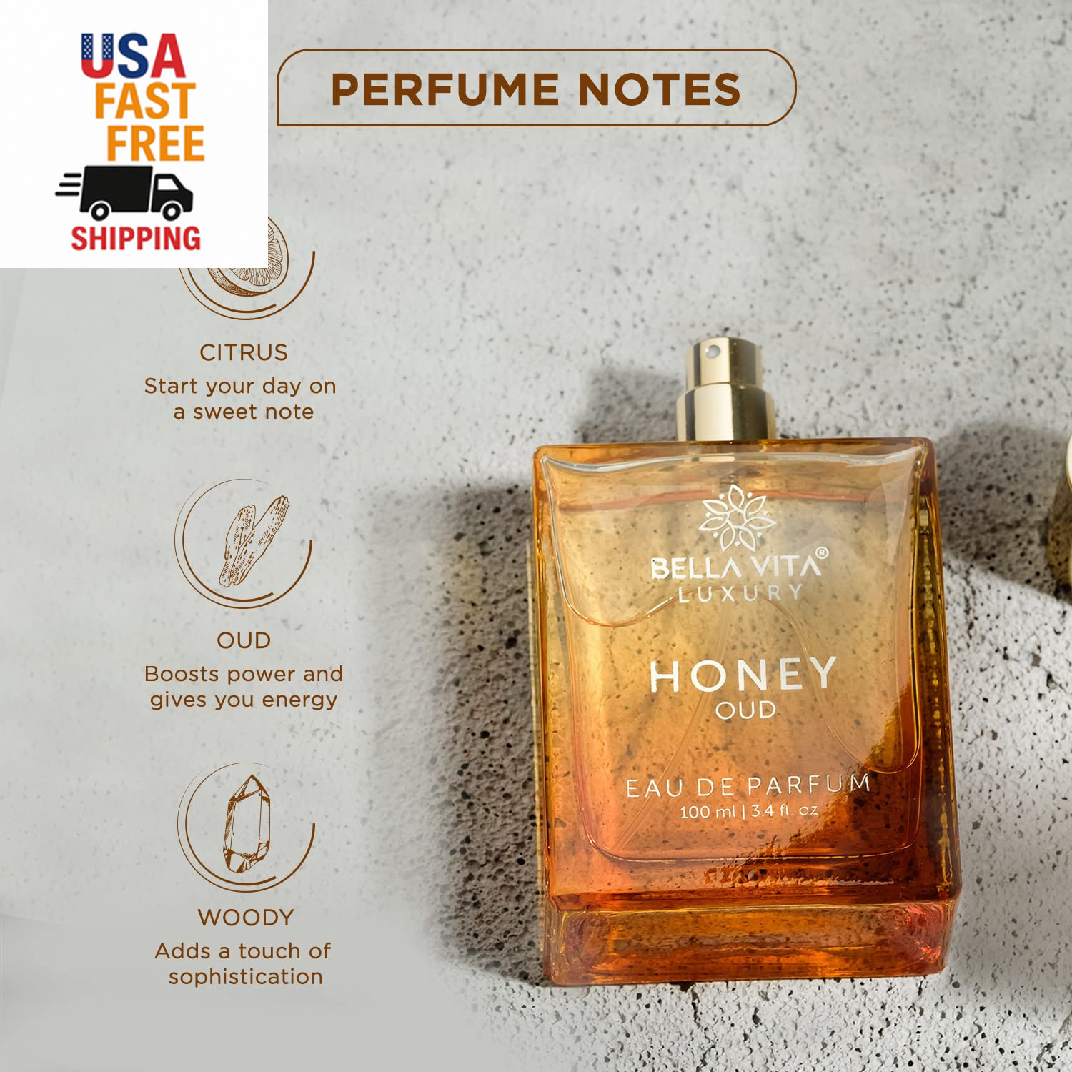 Bellavita Luxury Honey Oud Eau De Parfum (3.4 Fl. Oz.) | Patchouli, Vanilla, Ber