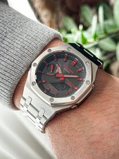 Custom Casio G-Shock GA-B2100 Bluetooth Casioak - Silver Case & Strap Red Solar