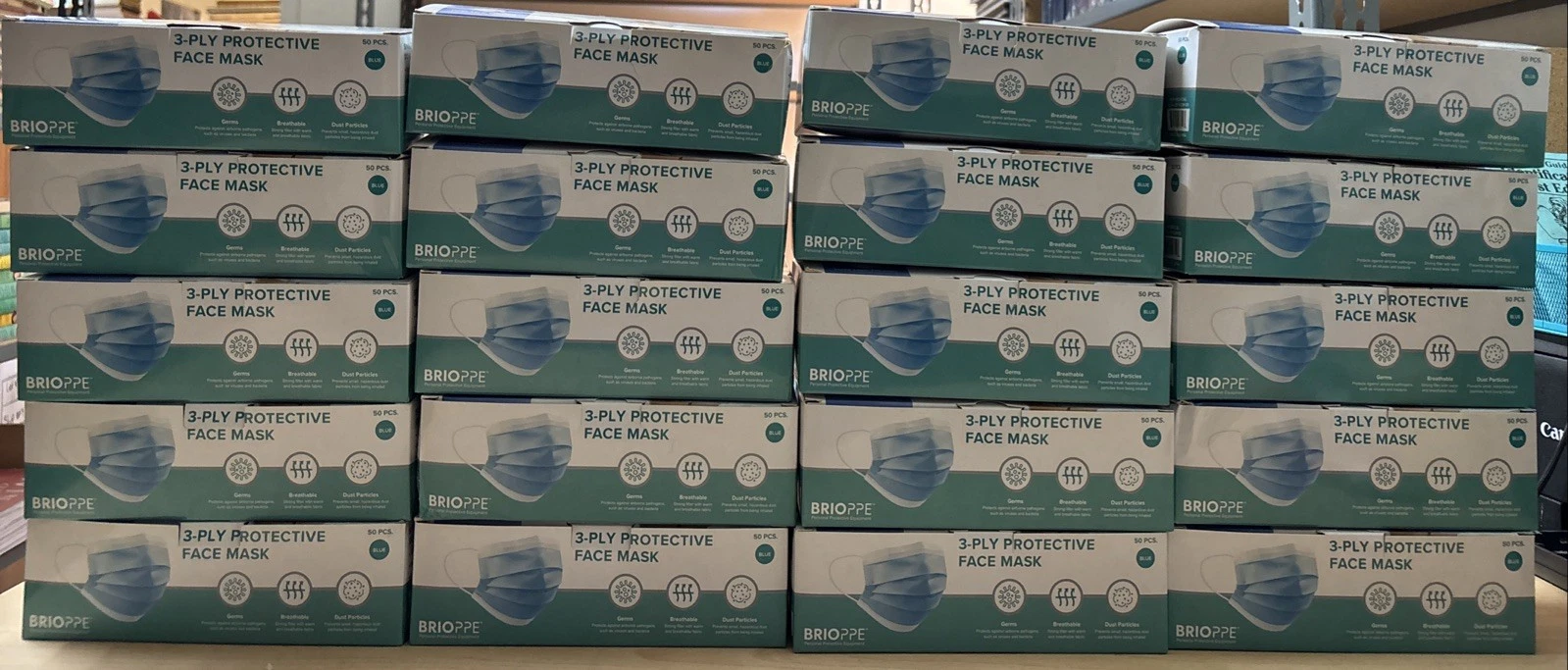 1000 Pack 3 Ply Layer Protective Face Mask Blue Brioppe Open Box—Mask are Sealed