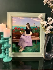 Original Oil Painting, 16x20 inches, Woman Reading 4, Books, Portrait, Green.