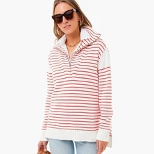 TUCKERNUCK Hartwell Quarter Zip Sweater Womens Size XXL Red White Stripe Cotton