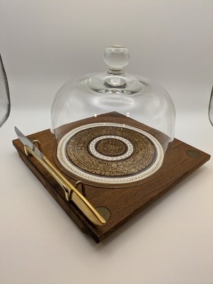 Ernest John Walnut Wood & Copper Enamel Serving Tray Glass Cover MCM Vintage