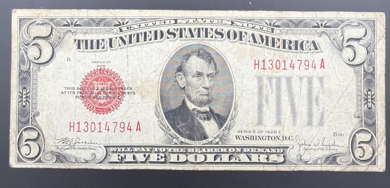 1928E $5 Red Seal United States Note Lincoln Five Dollar Bill