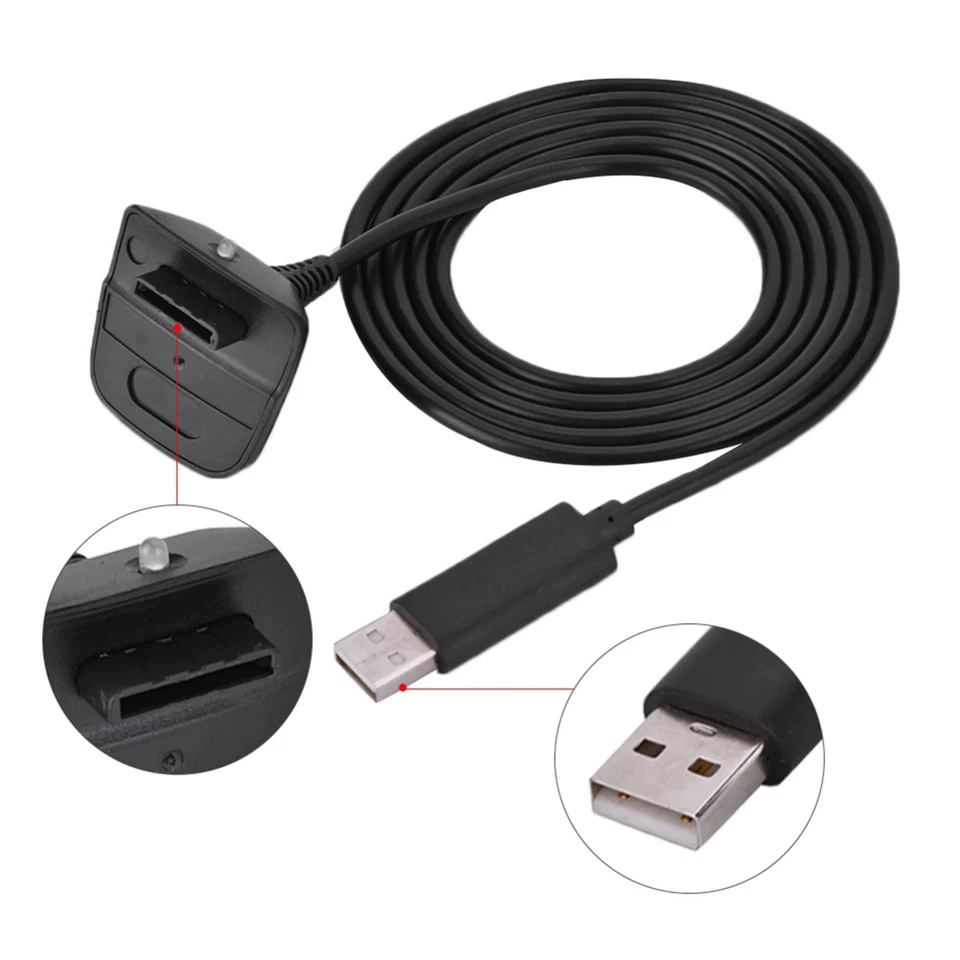 USB Charger Cable for Microsoft Xbox 360 Wireless Gamepad Controller 1.5m Black - Image 3 of 4