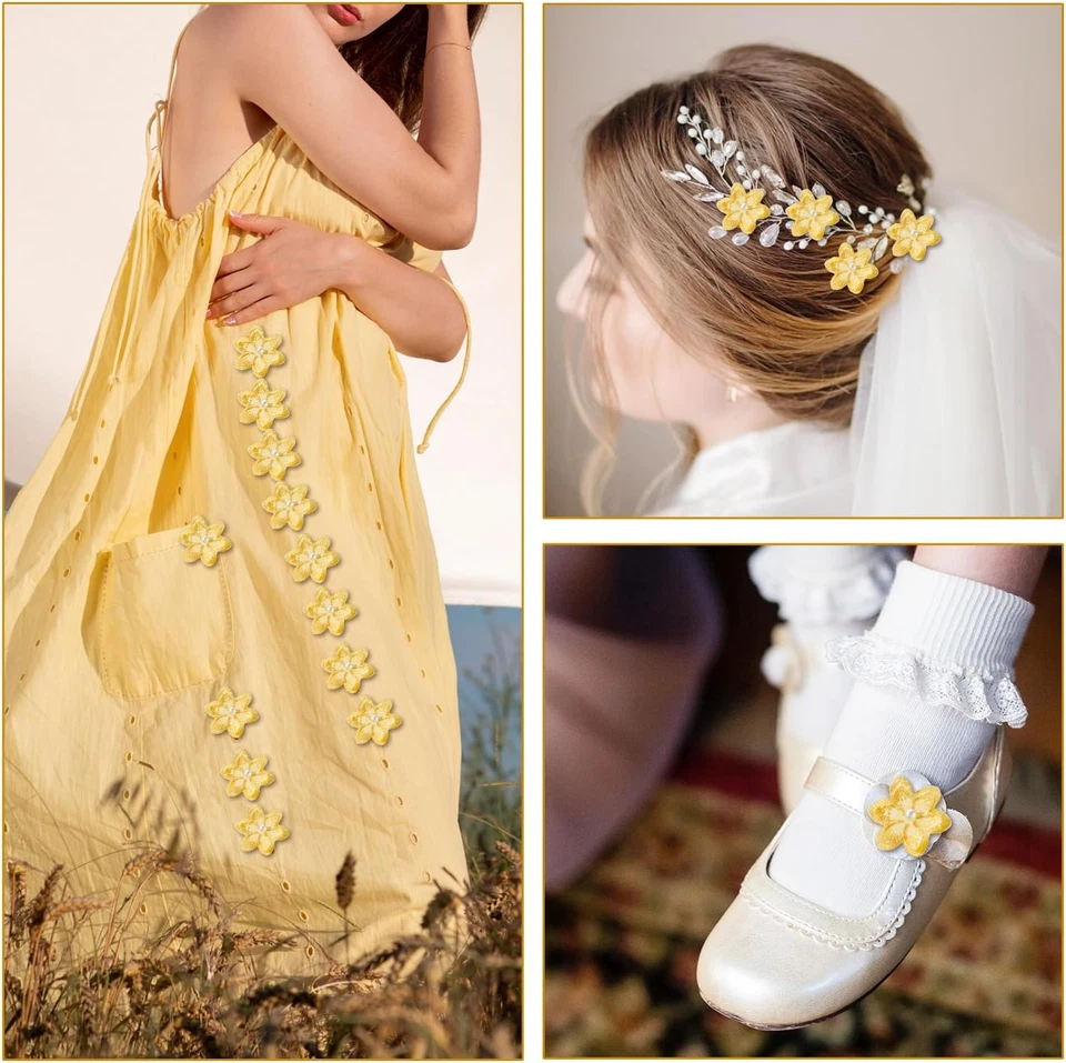 Cinta de encaje de flores amarillas 3D de 2 yardas, adornos de borde de encaje de flores de organza R Foto 3 de 4