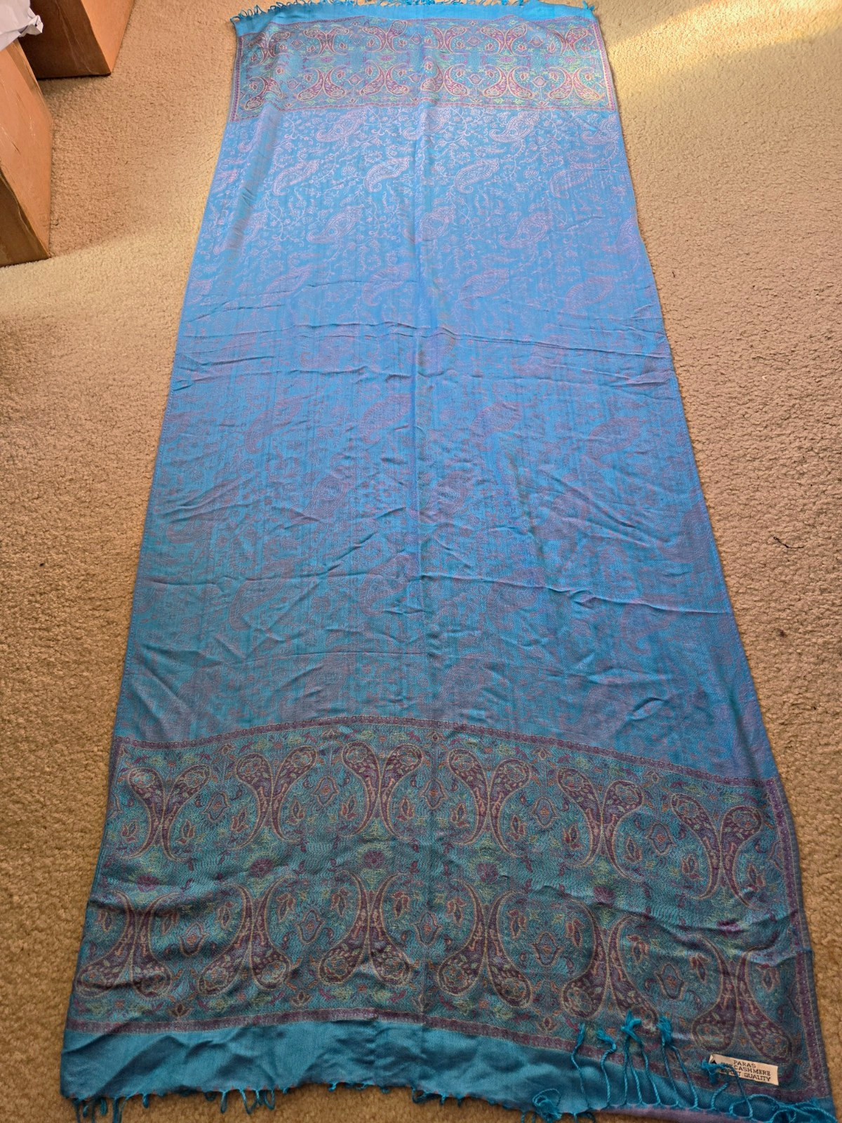 Paras Cashmere Woven Pashmina Scarf Paisley Blue/Purple Fringe 60x42"