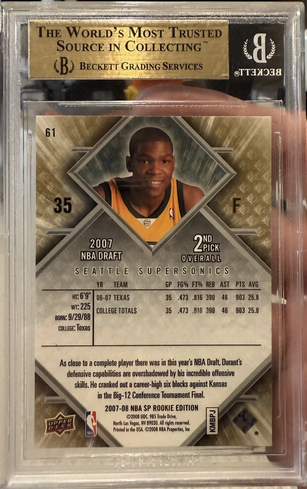 2007-08 SP Rookie Edition Kevin Durant #61 BGS 9.5 GEM MINT RC Seattle Houston - Image 2 of 3