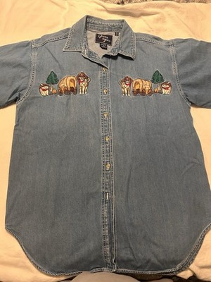 VTG Let's Quizz Again Shirt M Cats Embroidered Denim Button Up Boots Western