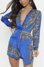 Pretty Little Thing Paisley Thandie Cobalt Silky Wrap Mini Dress Size 6 NEW