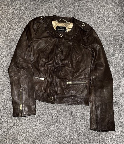 Womens French Connection Brown Leather Biker Bomber Jacket Size 6 Zip Up (2) - Picture 1 of 6