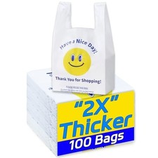 100-Pack White T-Shirt Plastic  Bags, 0.8 Mil, 11"x6"x21", Heavy-Duty Grocery