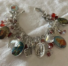 Beautiful Sterling Silver Christian/Catholic Charm Bracelet Medallions Crystals