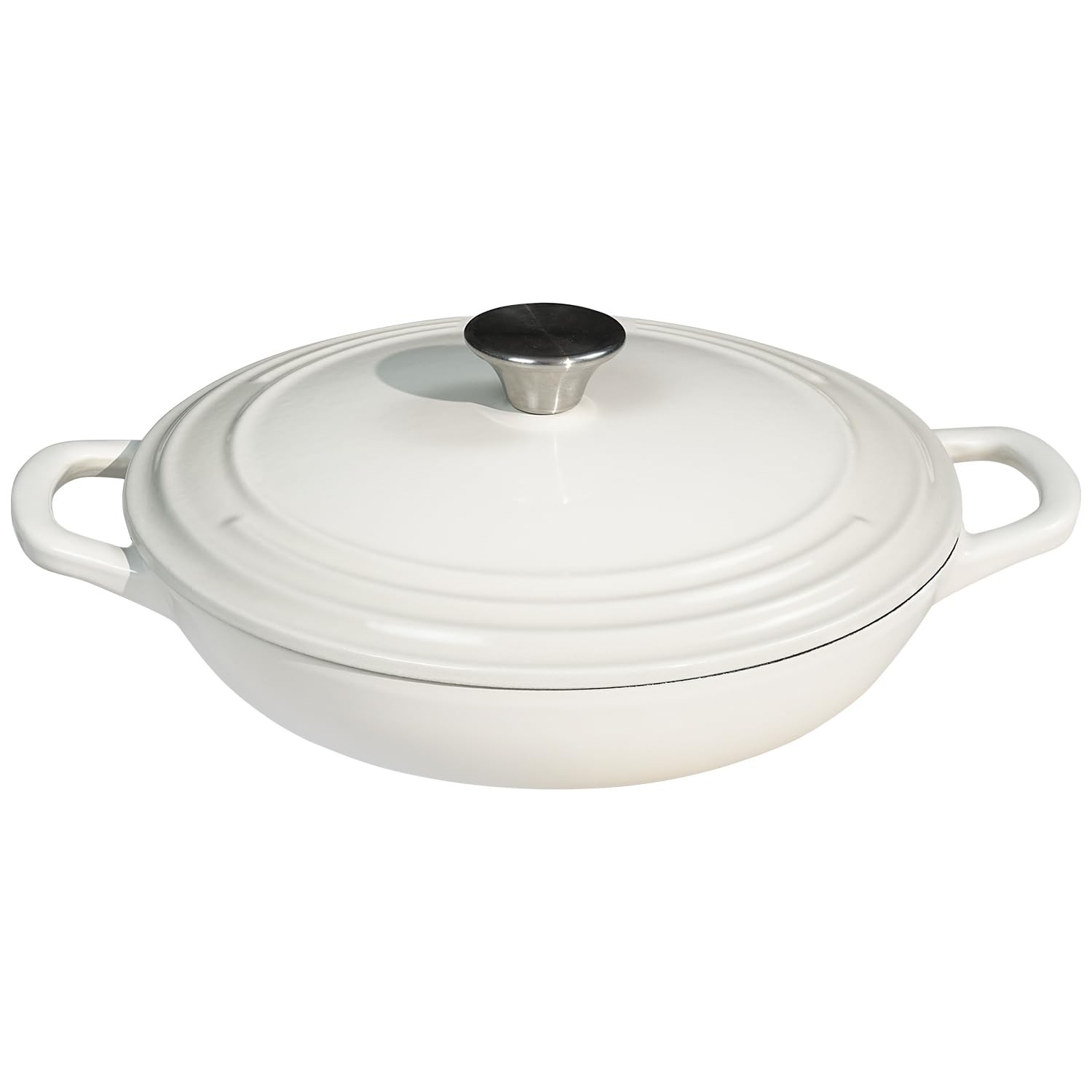 Braiser Enameled Cast Iron 2.25 qt Pan with Lid White Shallow Casserole Handels