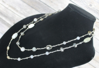 Silver Gray Beaded Long Fashion Necklace 27'' Long Layered Crystal Stone Beads