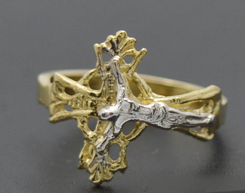 Real 10k Two-tone Solid Gold Shiny Jesus Cross Charm Kids Ring