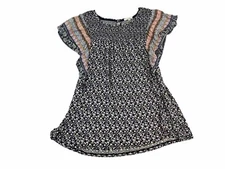 Cottage Core Top Maurices Size 2 Boho Flutter Sleeve Navy Peach & Gold Babydoll