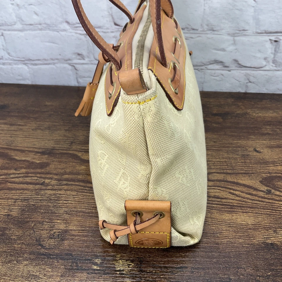 Dooney Bourke Small DB Tassel Zip Top Tote Sand Tan Canvas Saddle Tan Leather - Image 3 of 4