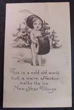 1915 postcard New Year Baby fur muff cold old world warm affection melts the ice