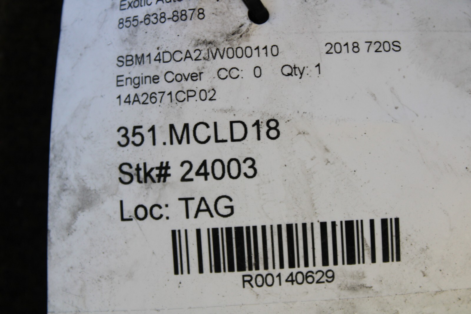 McLaren 720S, Engine Inspection Cover, Dmg, Used, P/N 14A2671CP