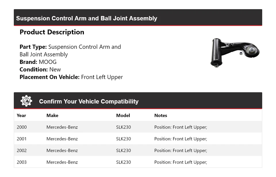 For 2000-2003 Mercedes-Benz SLK230 Control Arm Front Left Upper MOOG 2000 2001 - Image 2 of 3