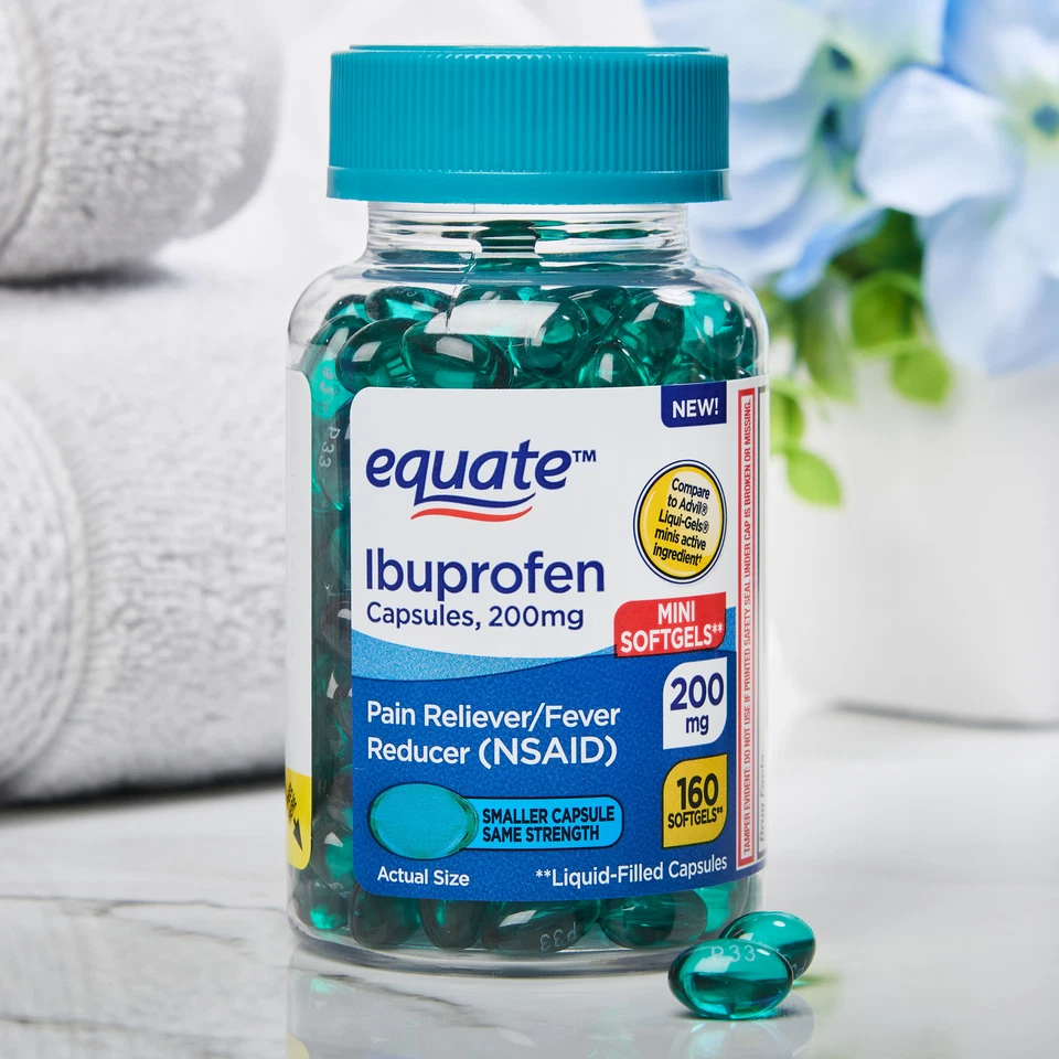 Mini cápsulas blandas Equate Ibuprofeno analgésico y reductor de fiebre 200 mg 160 unidades Foto 2 de 4