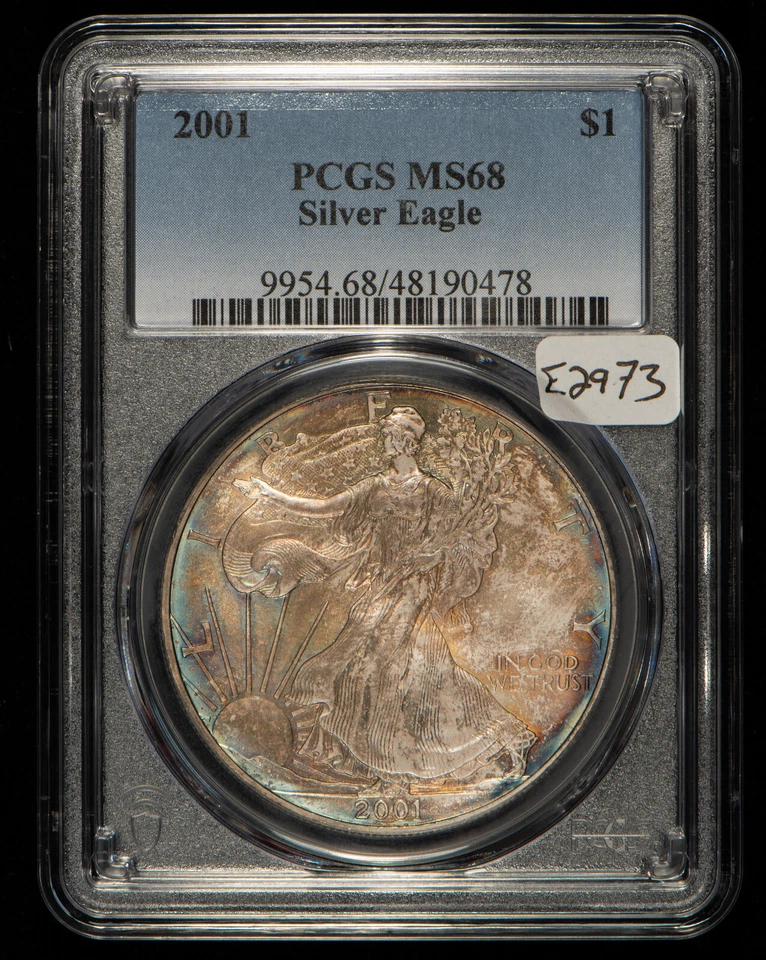 2001 1 oz Silver American Eagle - PQ Monster Rainbow Toning - PCGS MS 68 - E2973 - Image 2 of 4