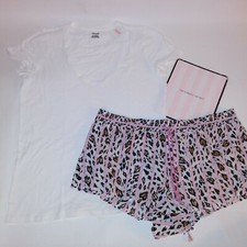 Victoria Secret Pajama Set Top  Bottom T Shirt Shorts White Black Pink Leopard
