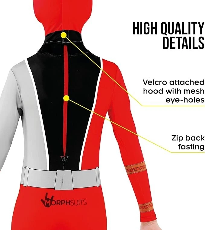 Kids Red Dino Fury Morphsuit Boys Power Rangers Superhero Fancy Dress Costume - Image 4 of 4