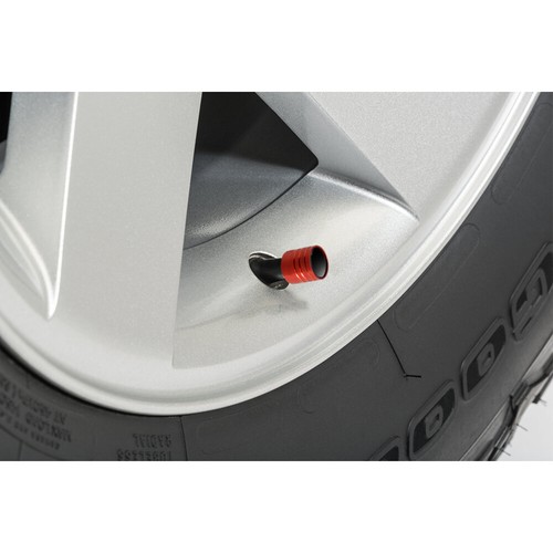 Dodge Jeep SRT Logo in Black on Red Aluminum Cylinder-Style Tire Valve Stem Caps - Picture 2 of 3