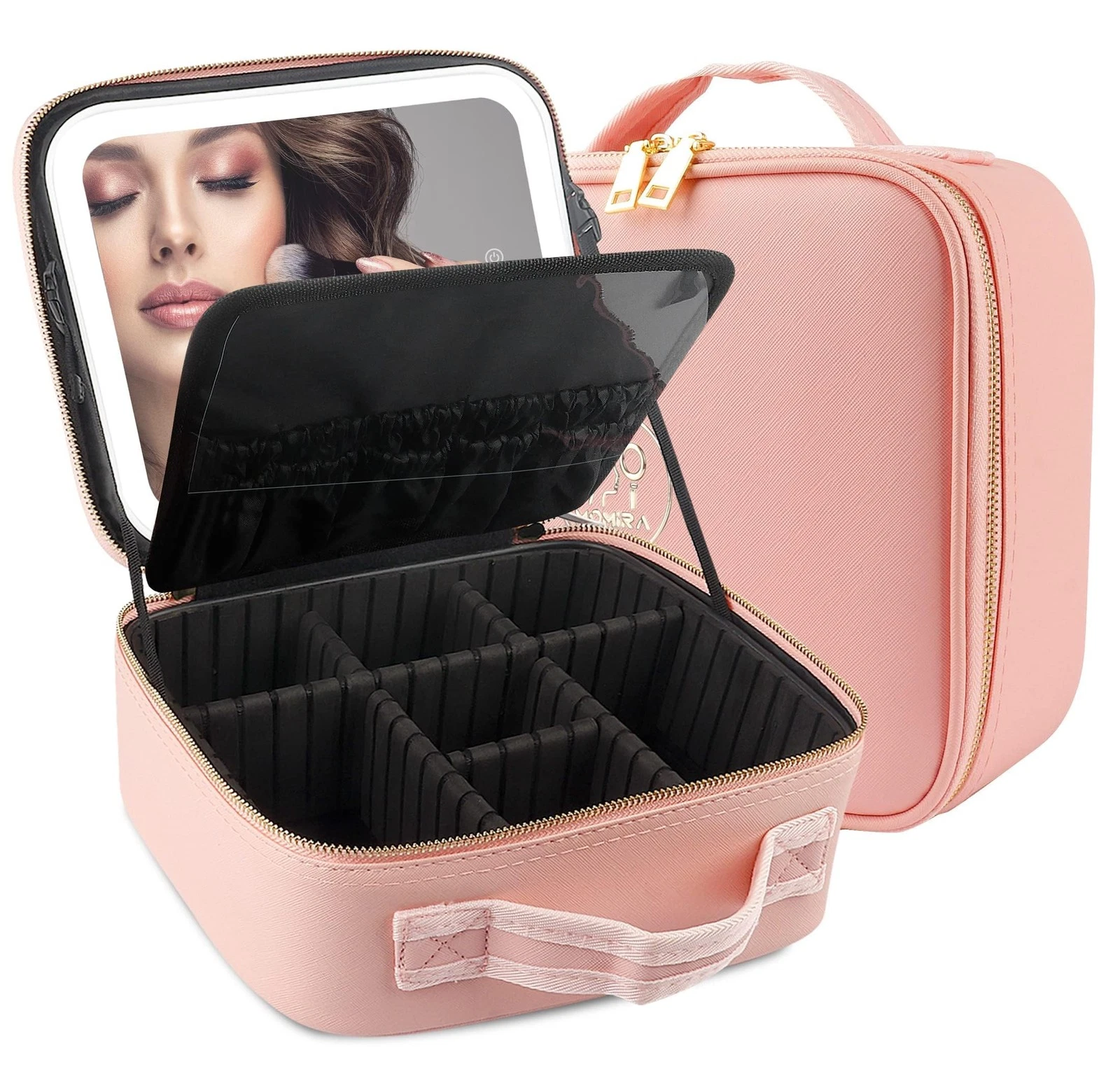 Makeup Train Case with Light & Mirror Large Cosmetic Organizer with Adjustabl...