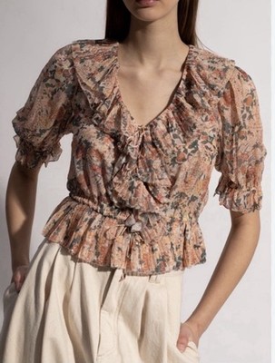 Ulla Johnson 97% Silk Size 4 Ruffle Floral Ruby Blouse Top Small V Neck So Cute