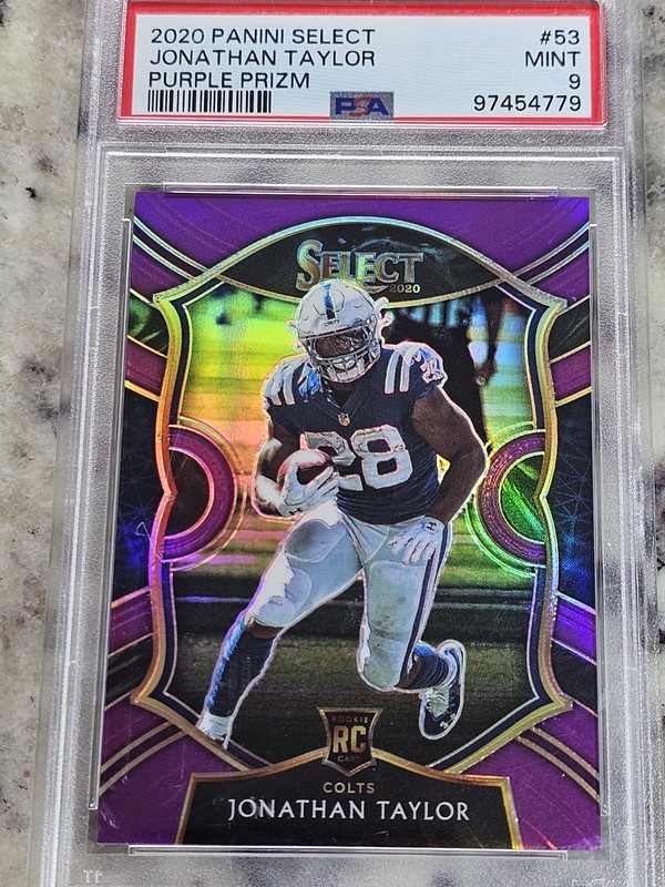 2020 '/75 RC Select Jonathan Taylor Purple Prizm #53 PSA 9 Colts TD Machine 