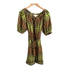 Michael Kors Silk Polka Dot Tie Waist Pleated Puff Sleeve Dress Green Brown XS 