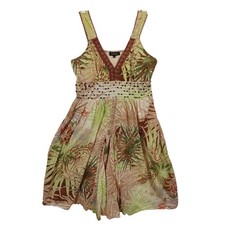 Tropical Leaf Print Beaded V Neck Mini Dress M Hawaii Beach Vacation Summer