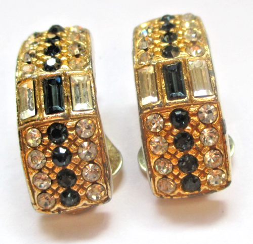 Boucles D'oreilles Clips Vintage Or Et Cristal - Bijou Ancien 1756, état Impeccable