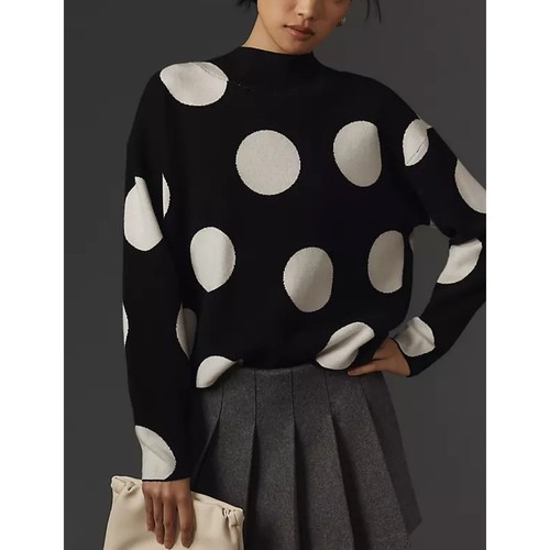 Anthropologie Maeve CARYS Mock Neck Sweater Sz XS Dark Grey Polka Dot Oversized - 第 1/13 張圖片