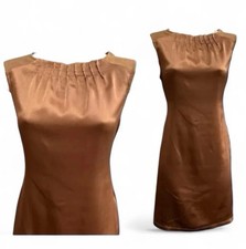 Benetton Dress Size 10 Brown Warm Chocolate Satin Silky Shift High Neck Elegant