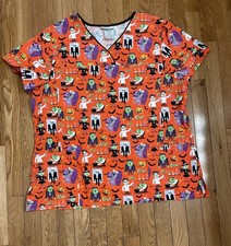 Scrubstar Women  s XL Halloween Scrub Top Skeleton Frankenstein