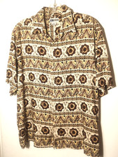 Mens Sz Large Tribal-Inspired Floral  Geometric Retro Shirt Earth Tones