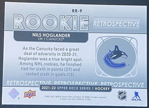 Nils Hoglander 2020-21 Upper Deck Rookie Retrospective #RR-9 Vancouver Canucks - Picture 2 of 2