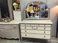 French Provincial Dresser w Swing Mirror Gray White w Silver Handles Floral Chic